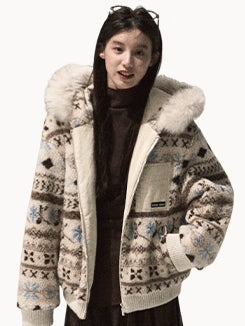 Jacquard Shearling Hooded Short Jacket