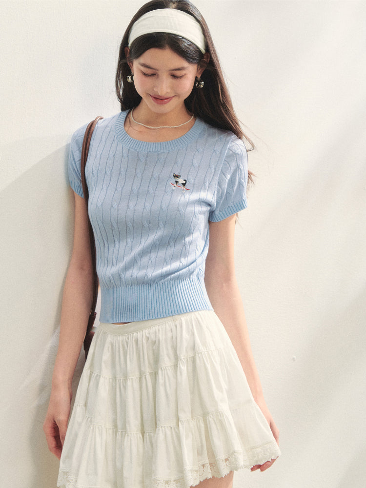 Puppy Embroidered Regular-shoulder Twist Knit T-shirt - CHINASQUAD