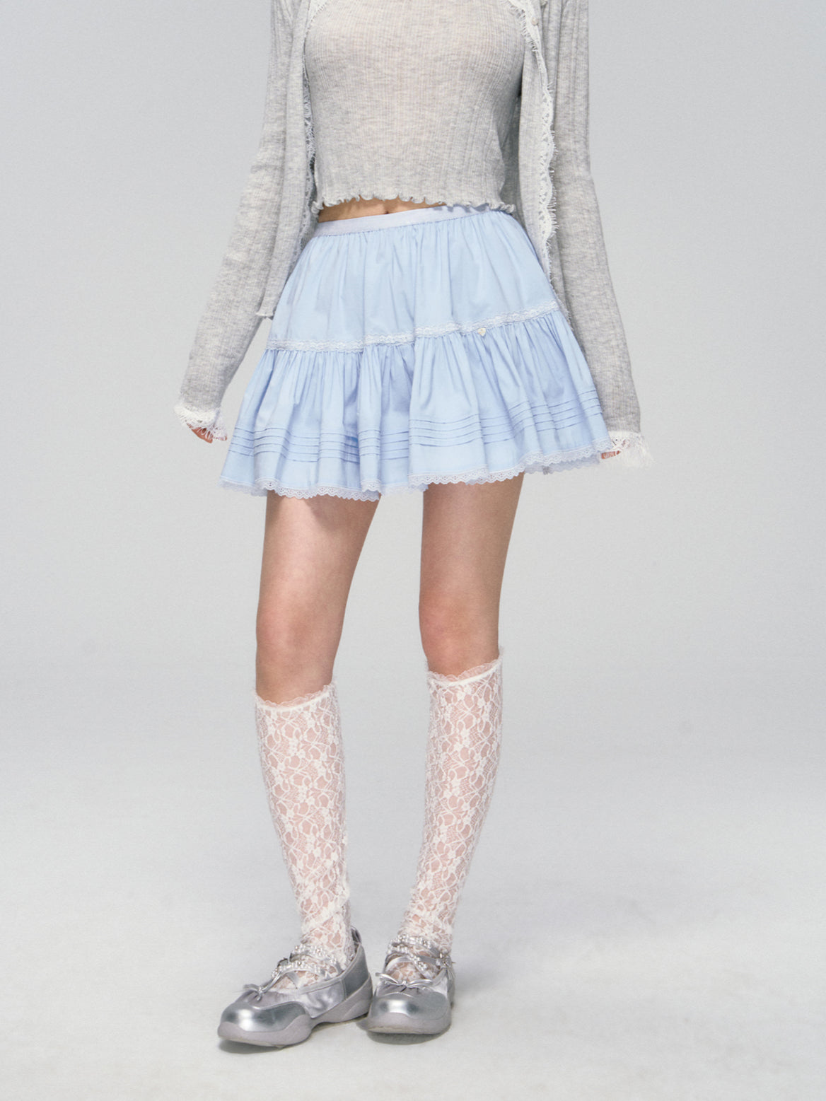 Blue Lace Trim Layered Skirt - CHINASQUAD