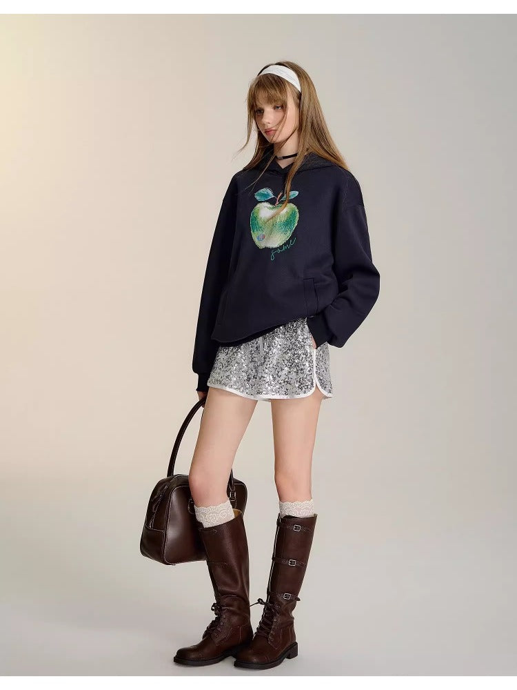 Light Gray & Navy Blue Green Apple Print Hoodie - CHINASQUAD