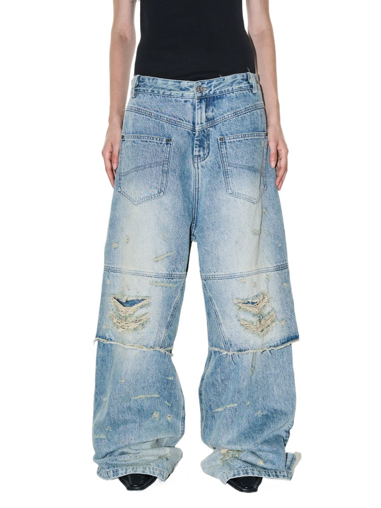 (Final Sale) Double-Layer Distressed Washed Denim Pants - CHINASQUAD