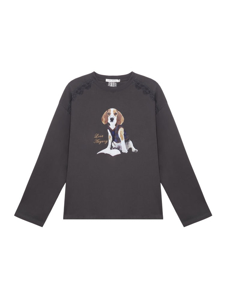 Lace Panel Dog Print Crew Neck Tee - CHINASQUAD
