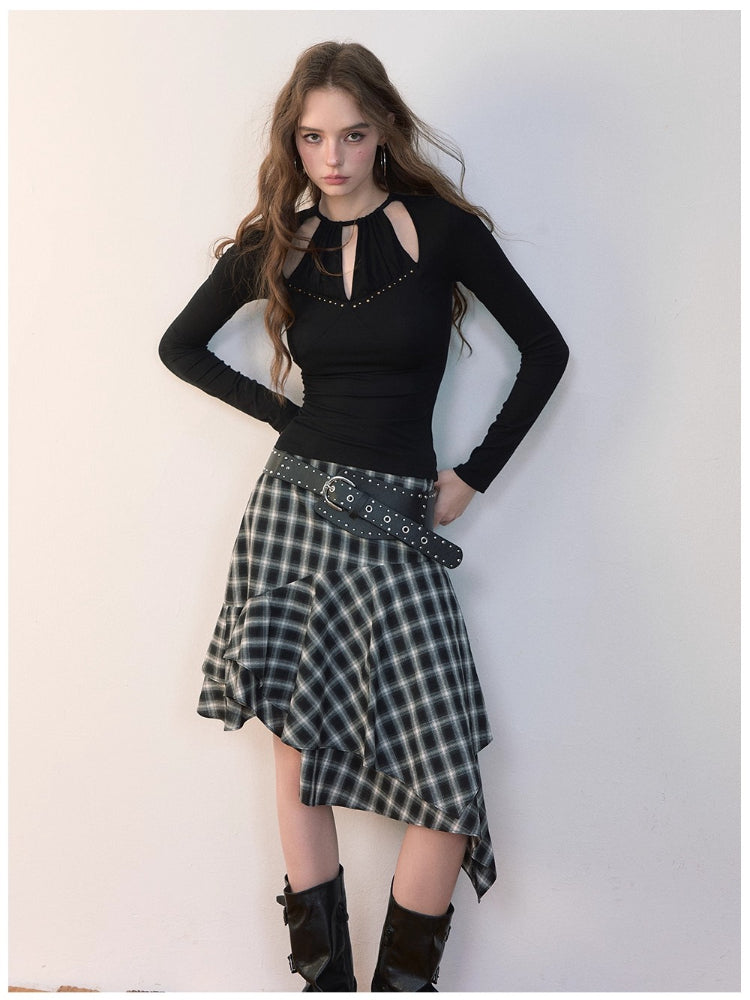 Halter Neck Openwork Rivet Long-Sleeve T-Shirt - CHINASQUAD