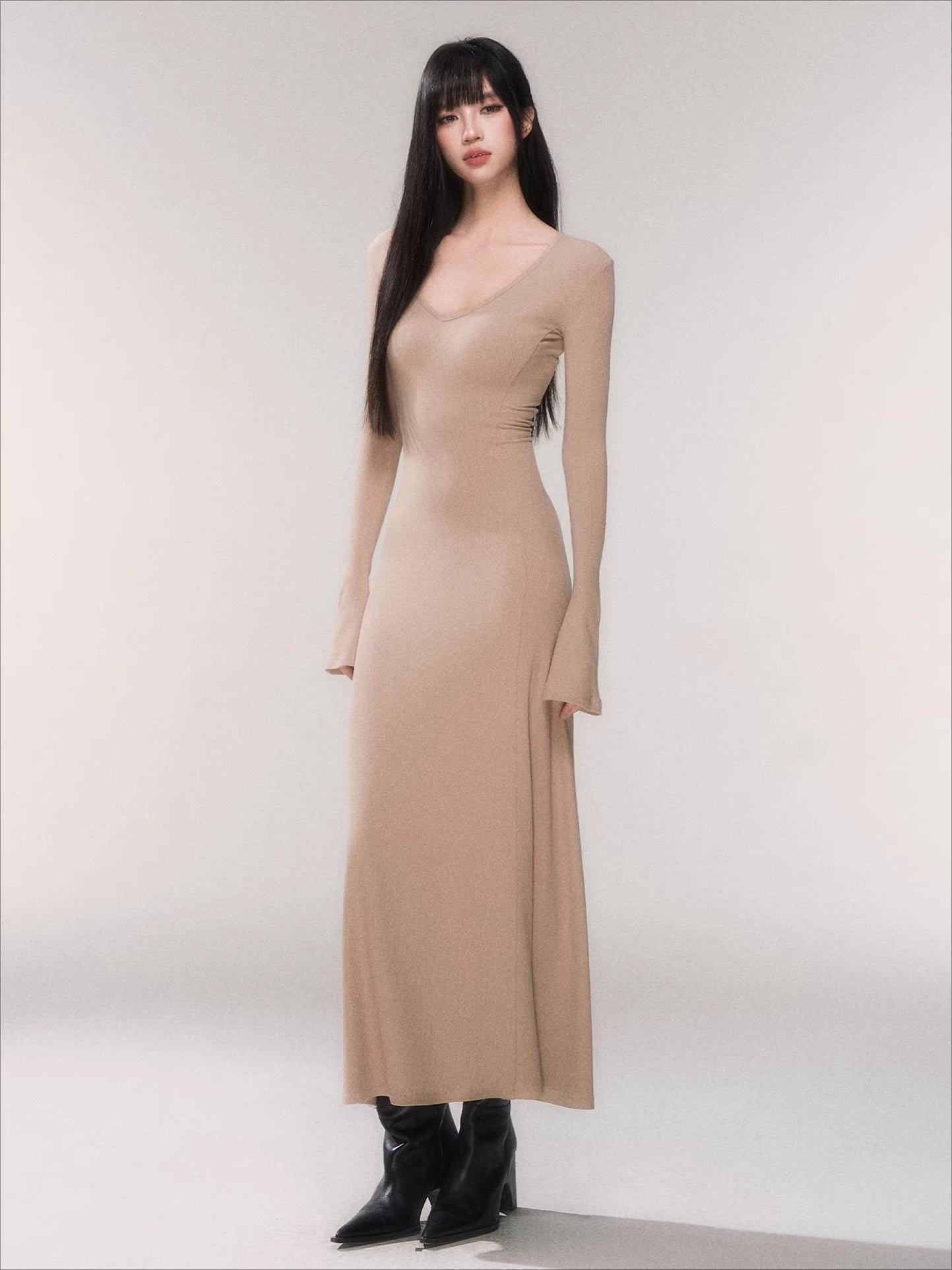 V-Neck Waist-Defining Knit Maxi Dress