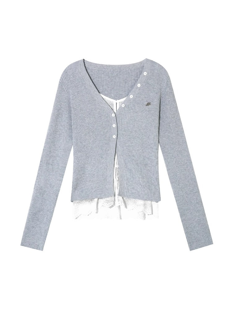 Lace Tie Fake Two-Piece Knitted Cardigan - CHINASQUAD