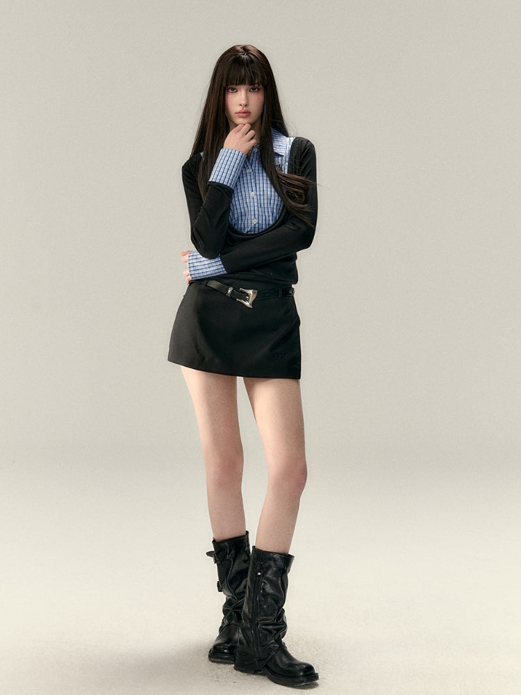 Fake Two-Piece Plaid Spliced Shirt - CHINASQUAD