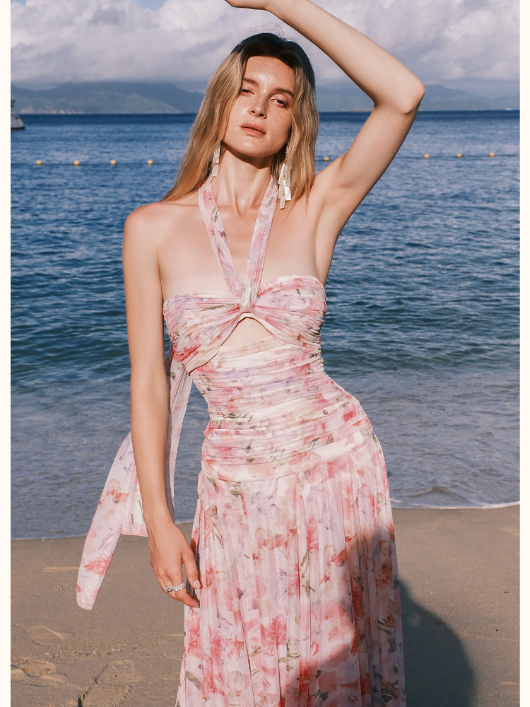 Evelyn Floral Ribbon Neckline Hollow-out Dress - CHINASQUAD