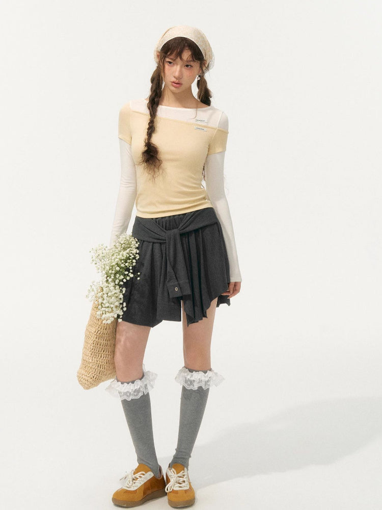 Irregular Fake Two-Piece Color-Block Knit T-shirt - CHINASQUAD