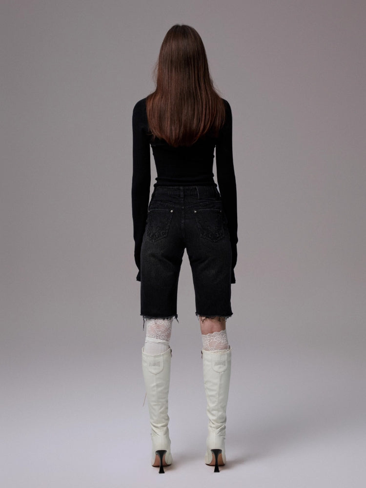 Washed Raw-edge Embroidered Denim Shorts