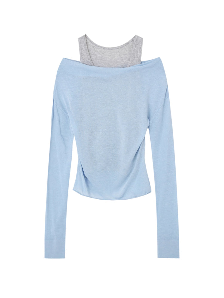 Fake Two-Piece Color-Block Draped Collar Knit Top - CHINASQUAD