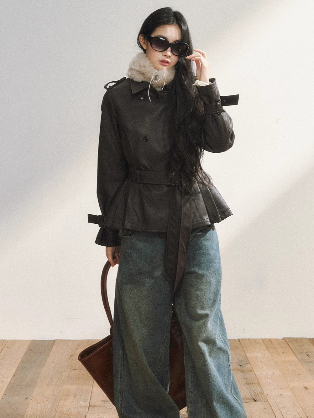 Vintage Brown Belted Faux Leather Wool Jacket