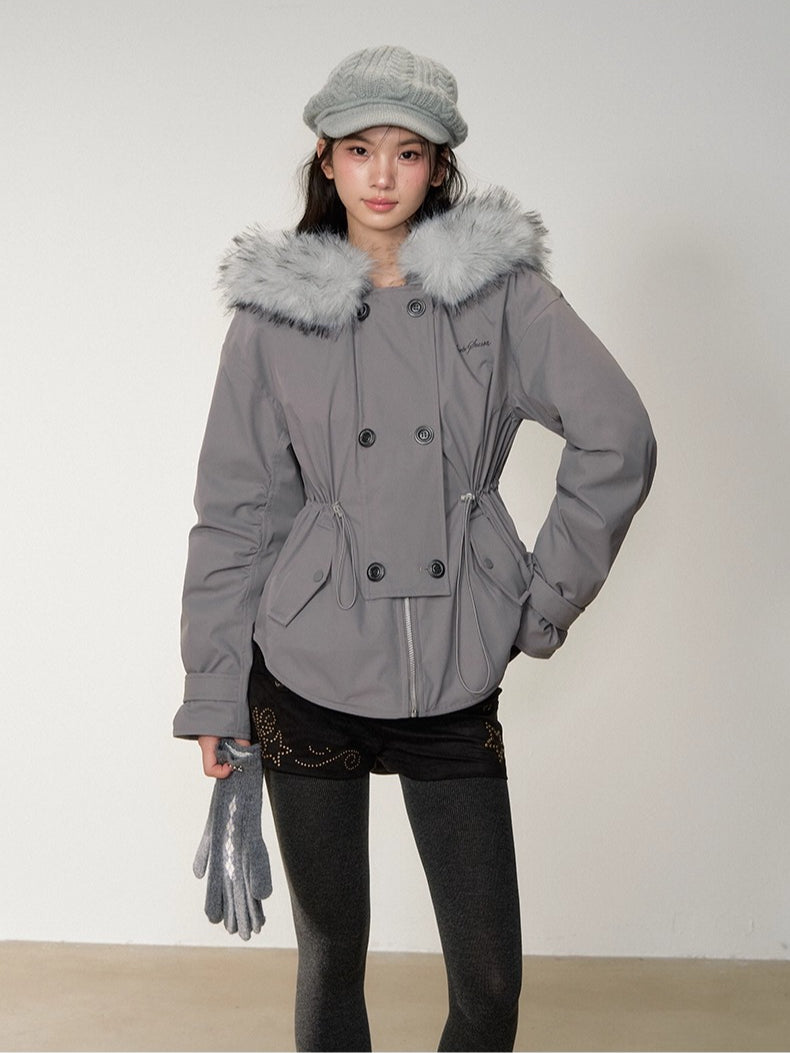 Faux Fur Collar Double-Breasted Down Parka Jacket - CHINASQUAD