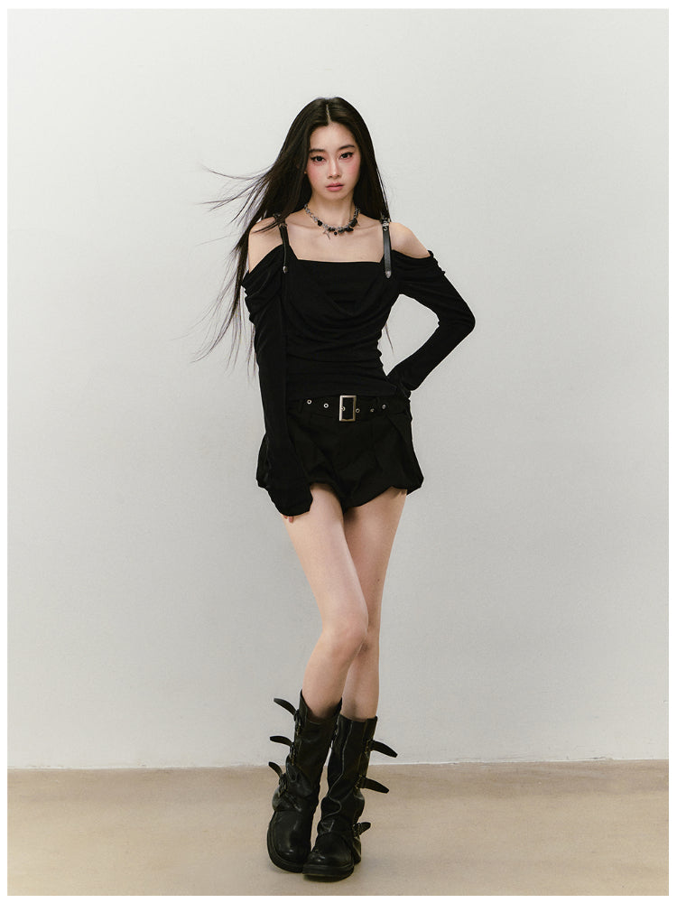 Draped Neck Leather Strap Acetate One-shoulder T-shirt - CHINASQUAD