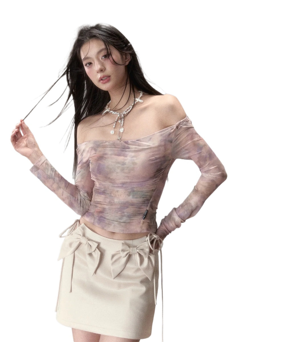 Gradient Off-shoulder Slim Mesh T-shirt - CHINASQUAD