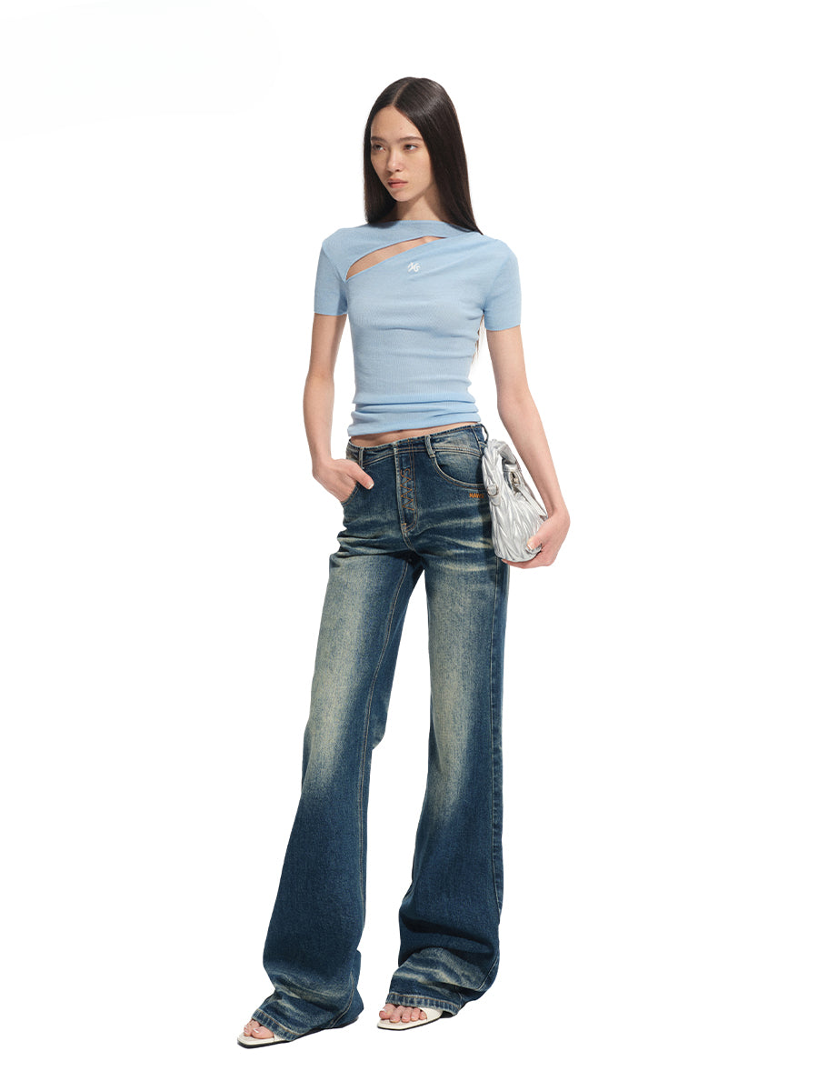 Diagonal Open High-Neck Regular Shoulder T-Shirt - CHINASQUAD