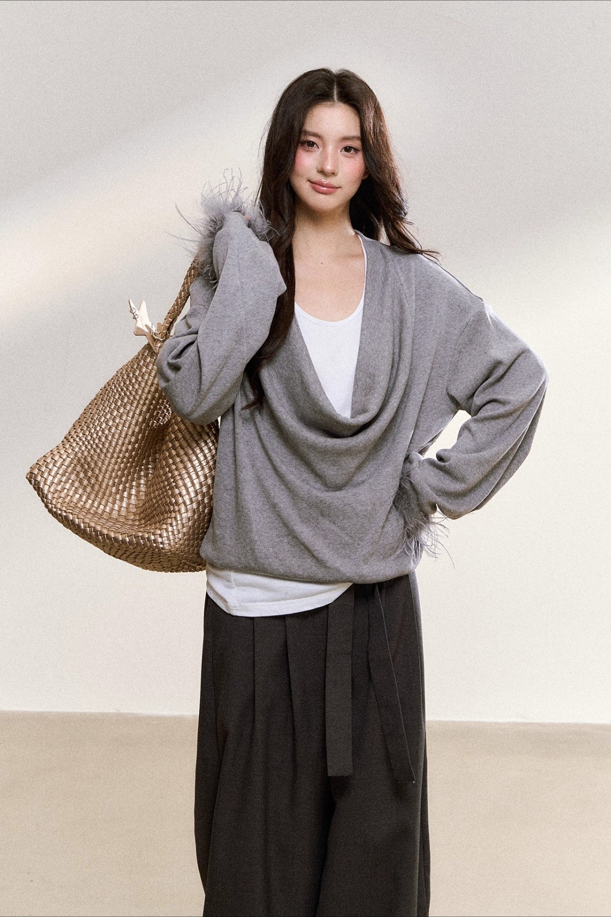 Gray Drape-Neck Fur Cuff Detail Knit Blouse - CHINASQUAD