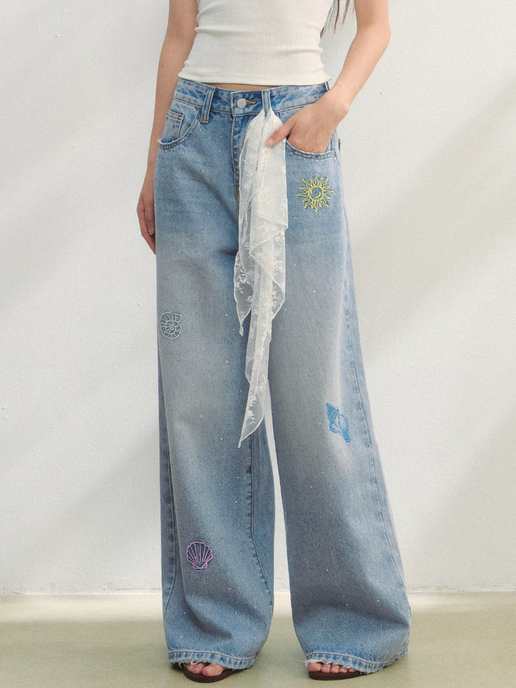 Embroidered Denim Wide-Leg Pants - CHINASQUAD