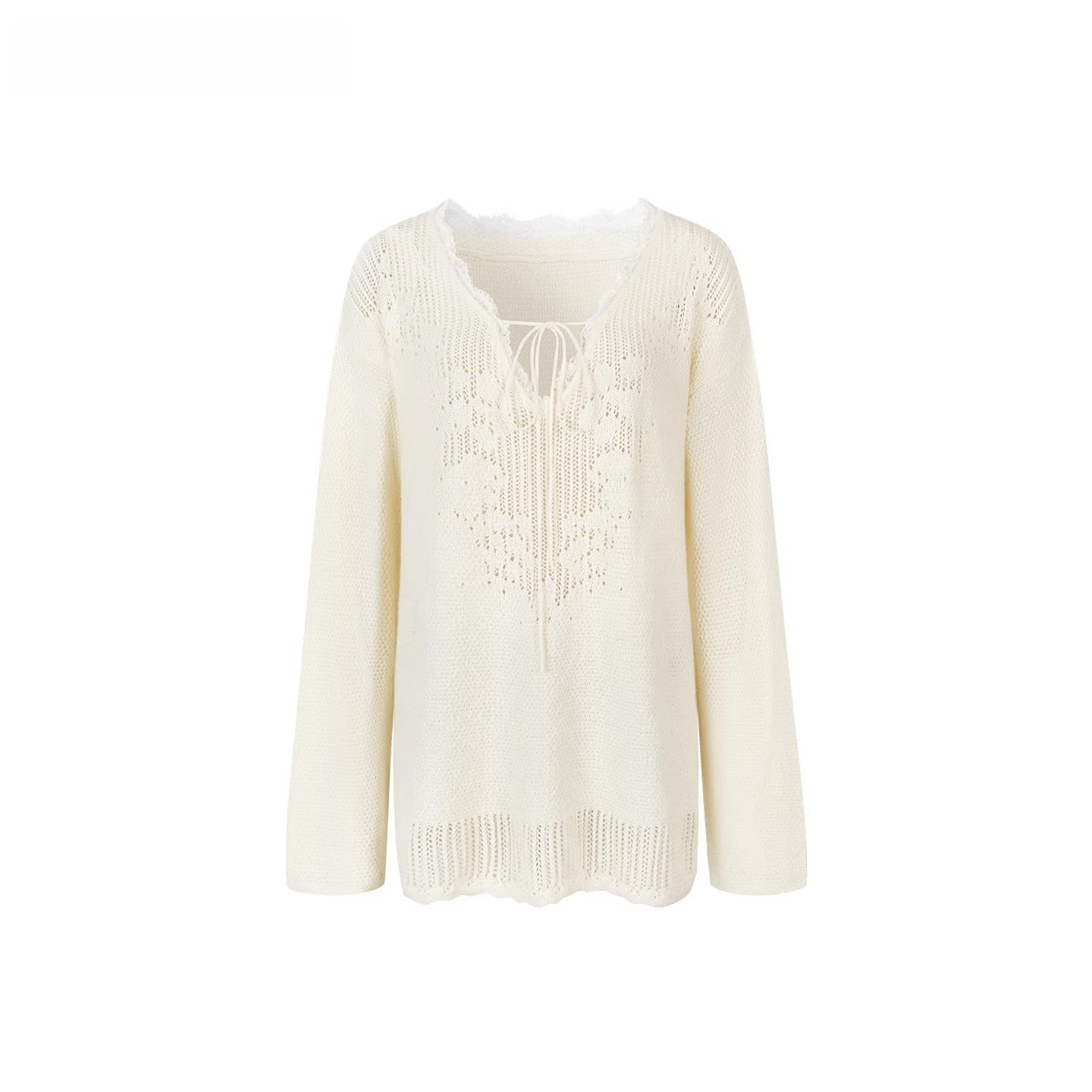 Lace Trim V-Neck Wool Blend Knit Sweater - CHINASQUAD