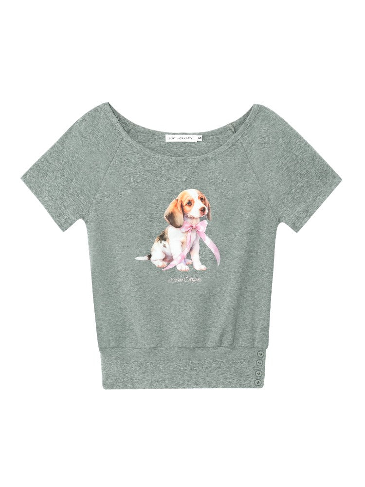 Asymmetric Shoulder Bow Puppy Printed T-Shirt - CHINASQUAD