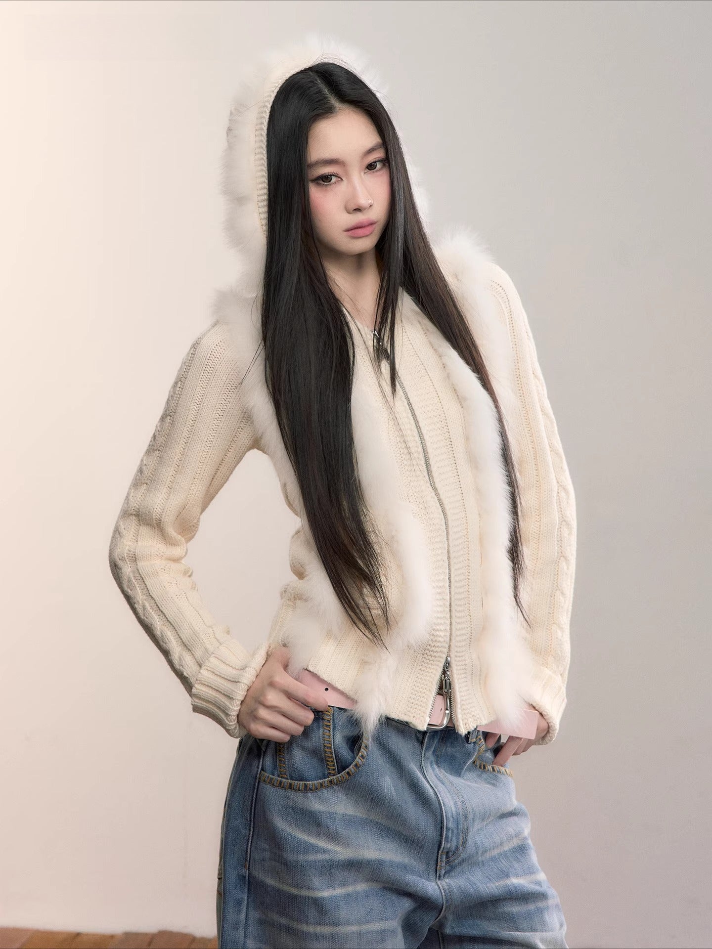 Fox Fur Trim Hooded Knit Cardigan