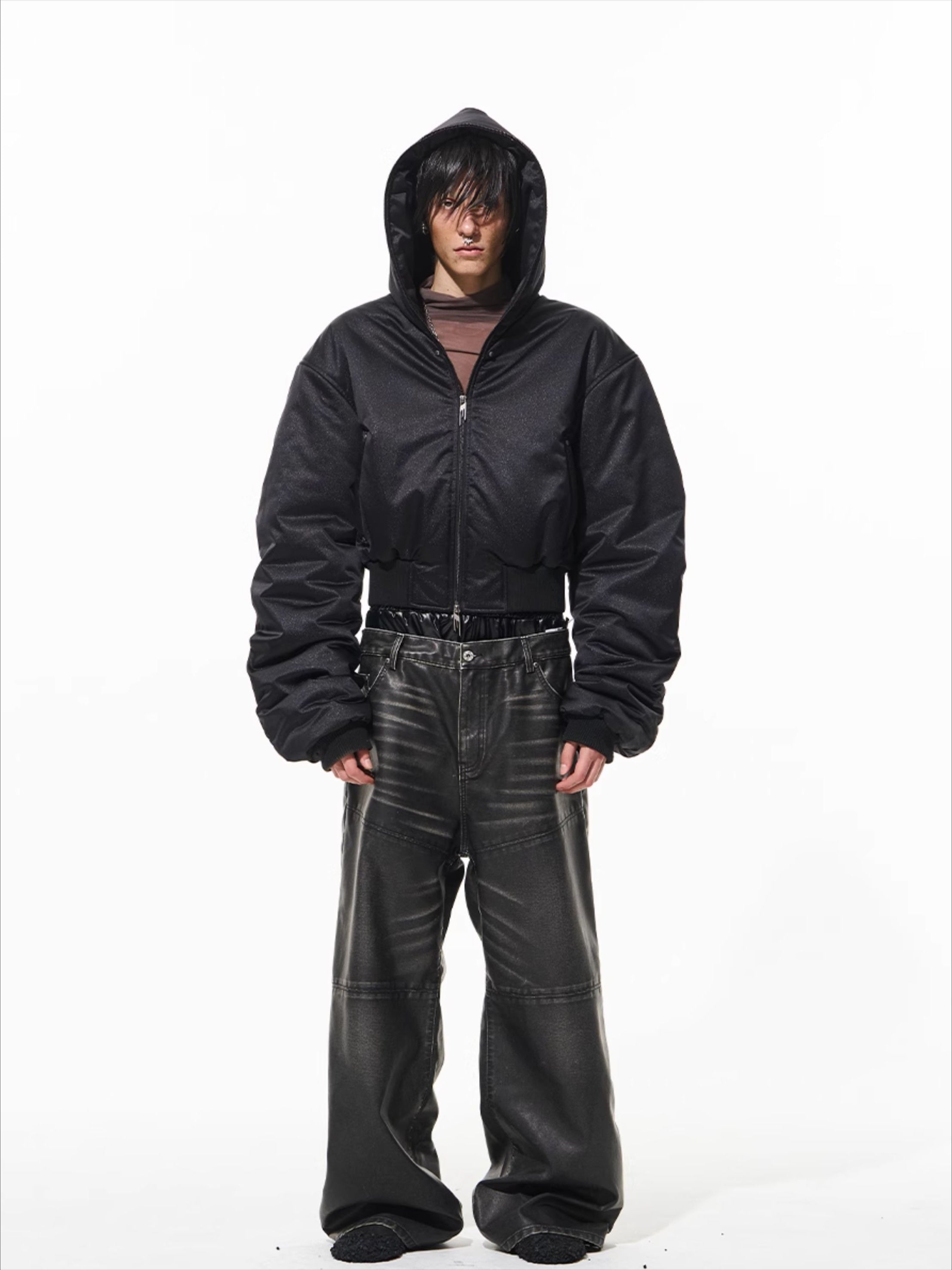 (Final Sale) Black Hooded Shimmer Logo Studded Puffer Jacket - CHINASQUAD