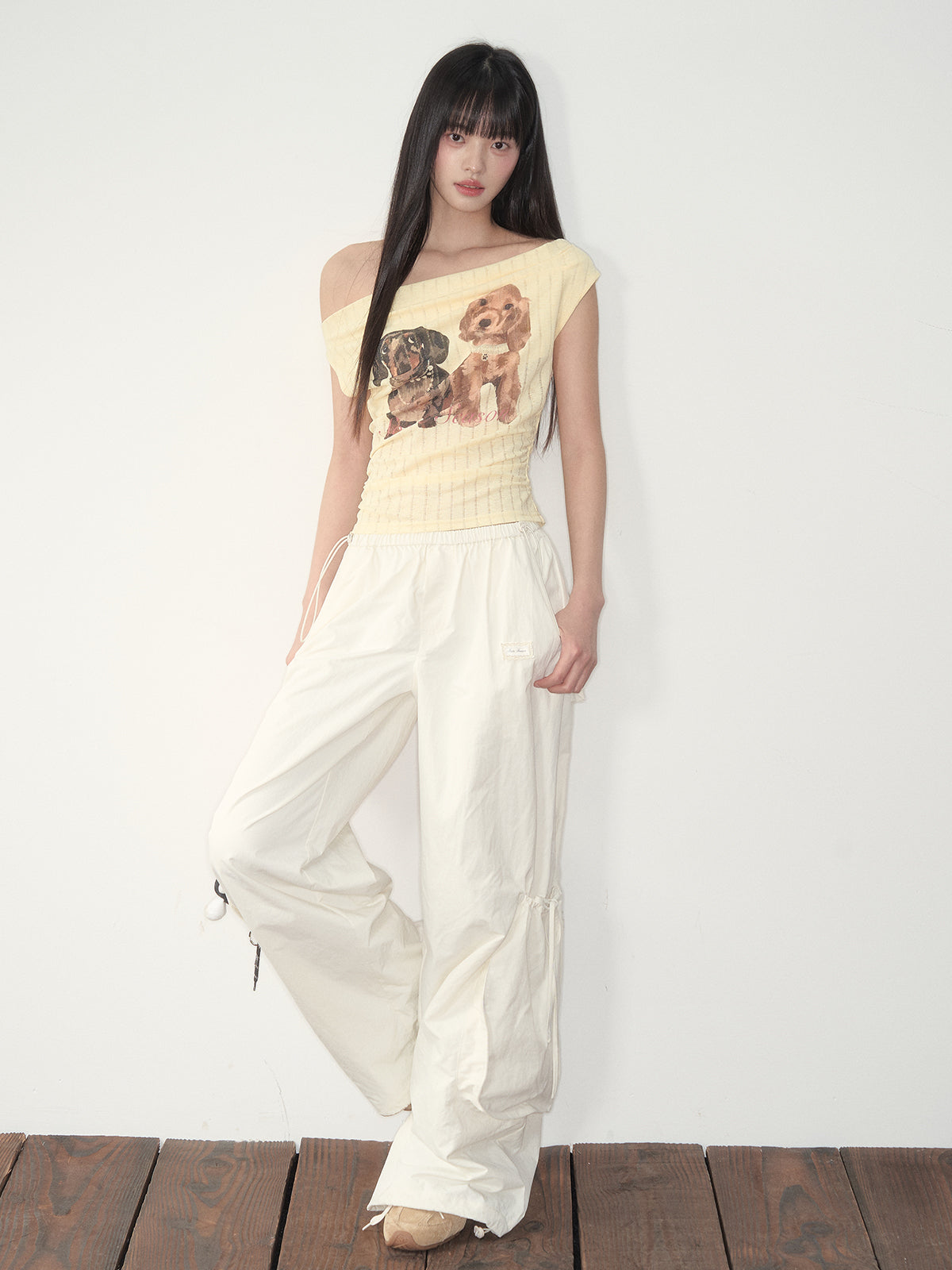 Puppy Print Off-Shoulder Tee - CHINASQUAD