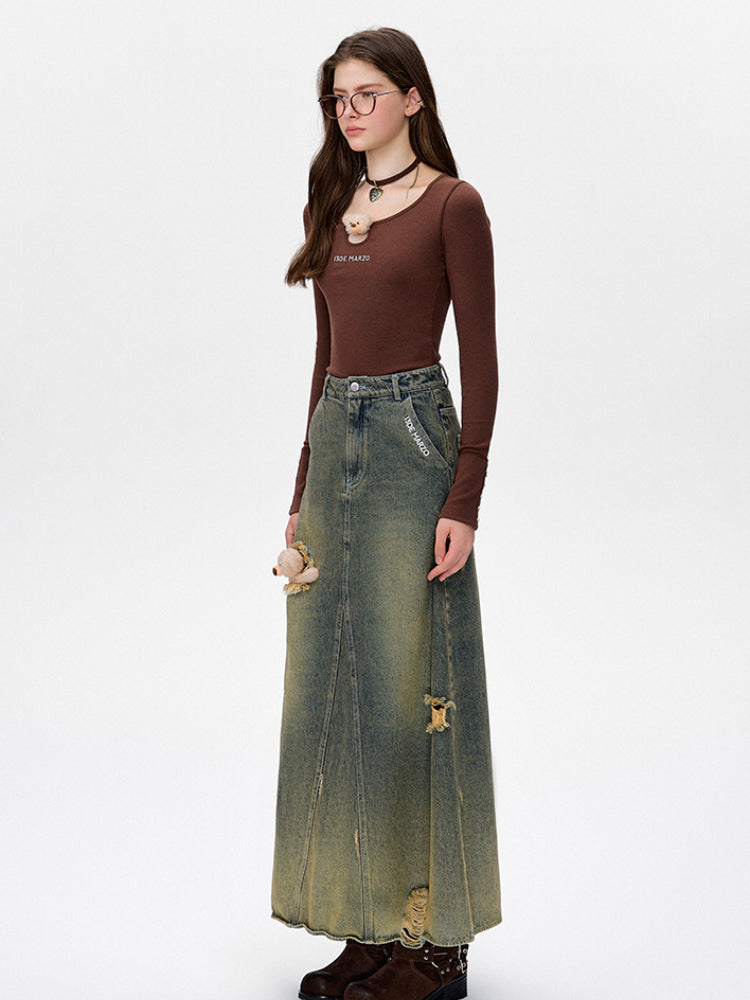 Split Deconstructed A-line Denim Skirt - CHINASQUAD