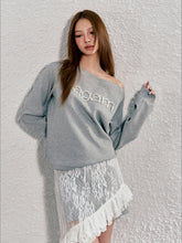 Red & Gray Pearl-studded Off-shoulder Sweatshirt - CHINASQUAD
