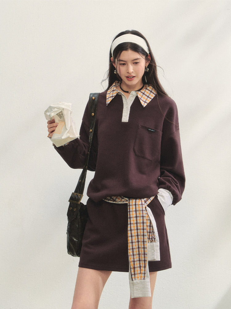 Fake Two-Piece Checkered Shirt Panel Sweatshirt - CHINASQUAD
