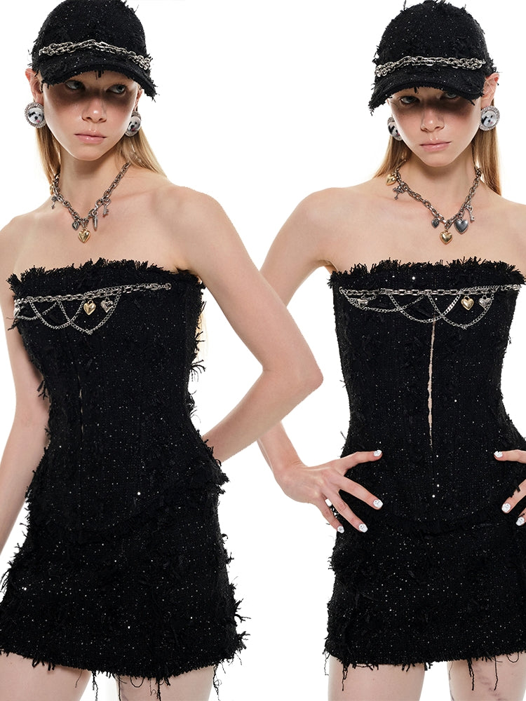 Black Tweed Mid-Low Waist Pencil Skirt - CHINASQUAD