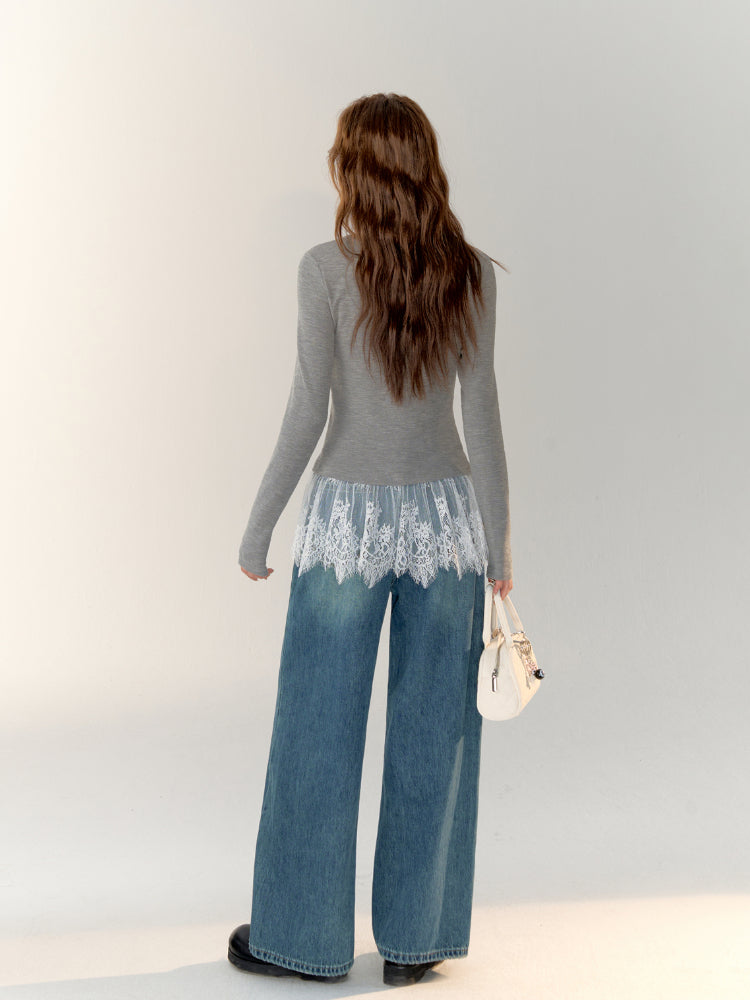 Lace-Trimmed Gray V-Neck Long Sleeve Top - CHINASQUAD