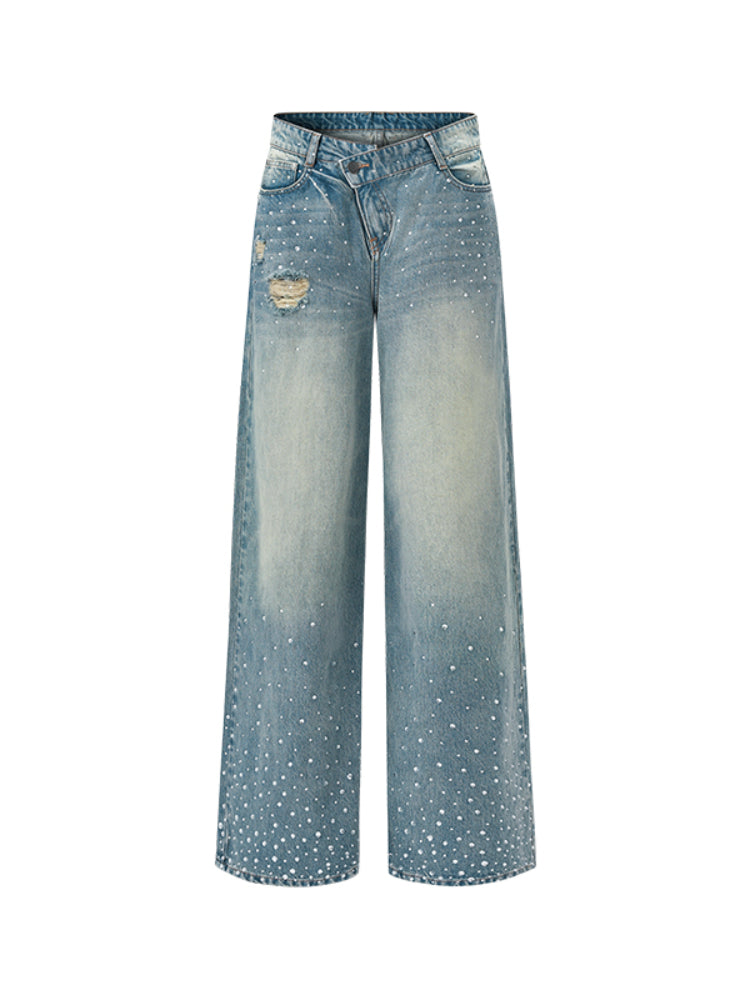 Washed Rhinestone Straight-Leg Wide-Leg Pants - CHINASQUAD