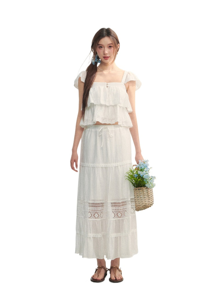 Soft Flutter Sleeve Blouse & Skirt Set - CHINASQUAD