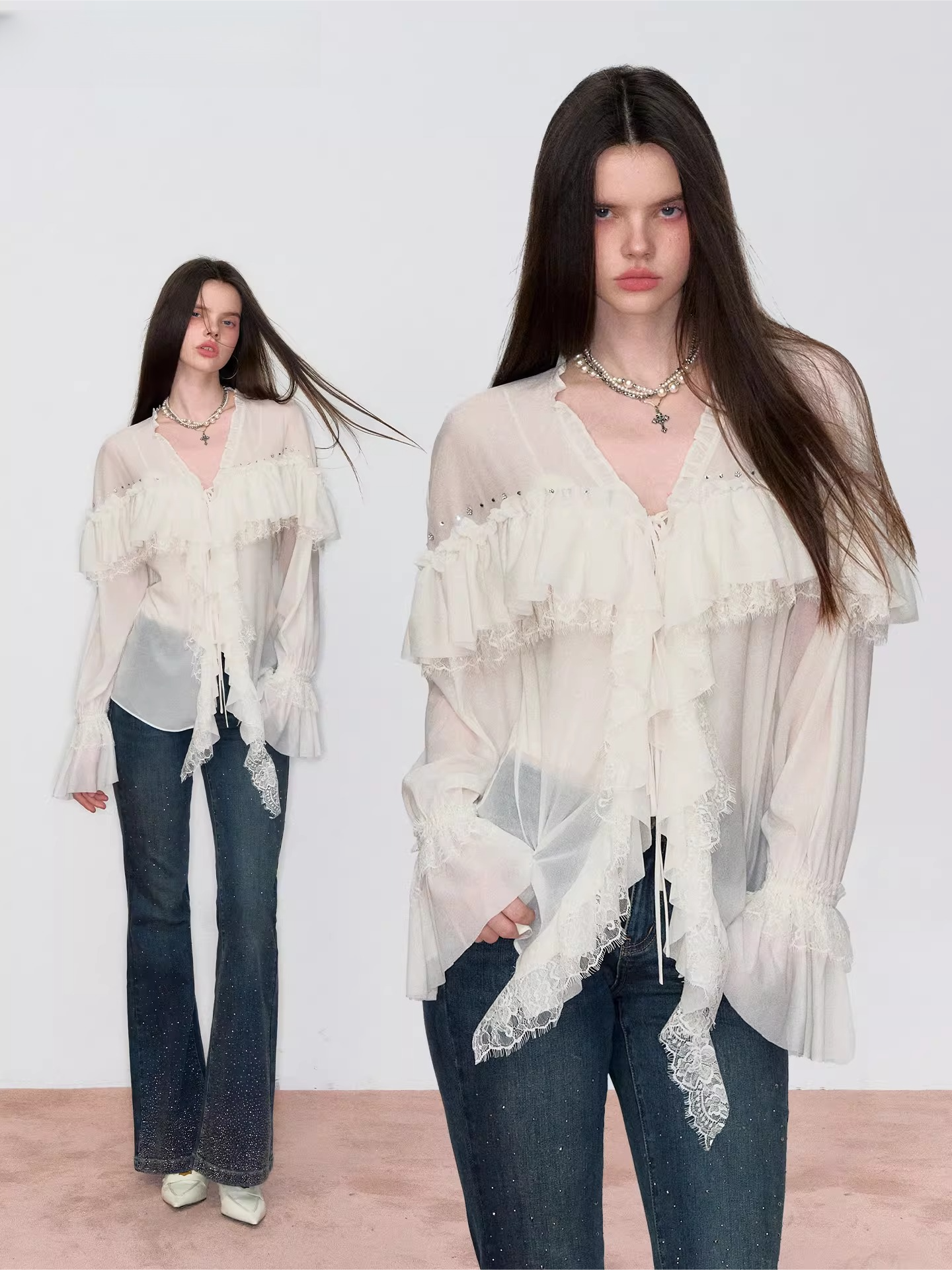 Sheer Lace-Trim Tie Blouse