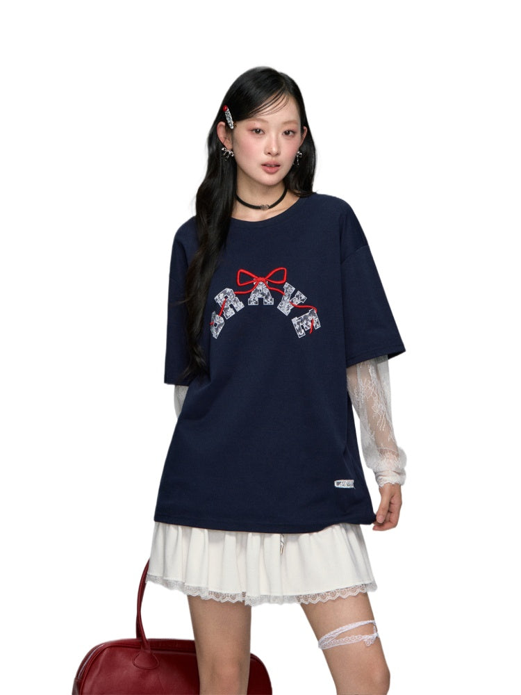 Lace-spliced Alphabet Bow T-shirt - CHINASQUAD