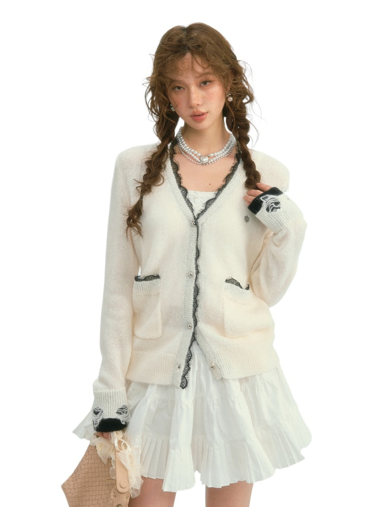 Color-Blocked Lace Trim Cardigan - CHINASQUAD
