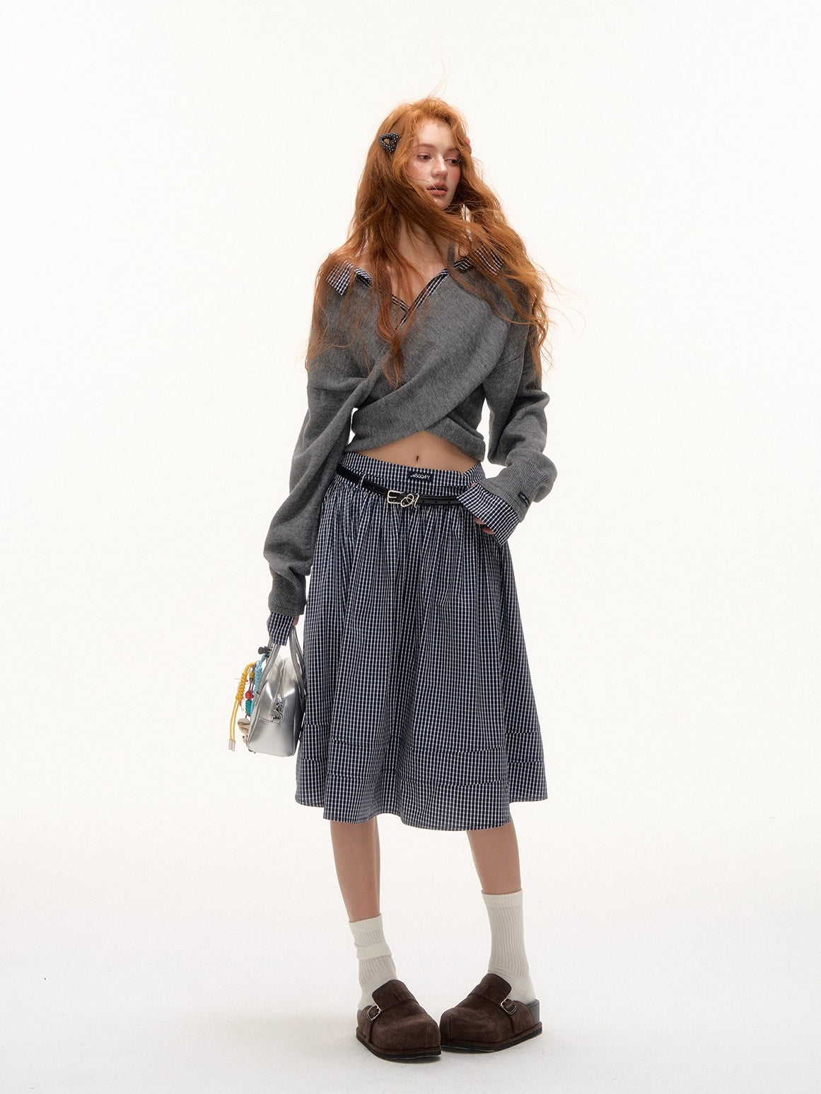 Off-Shoulder Plaid Panel Cross Sweatshirt - CHINASQUAD