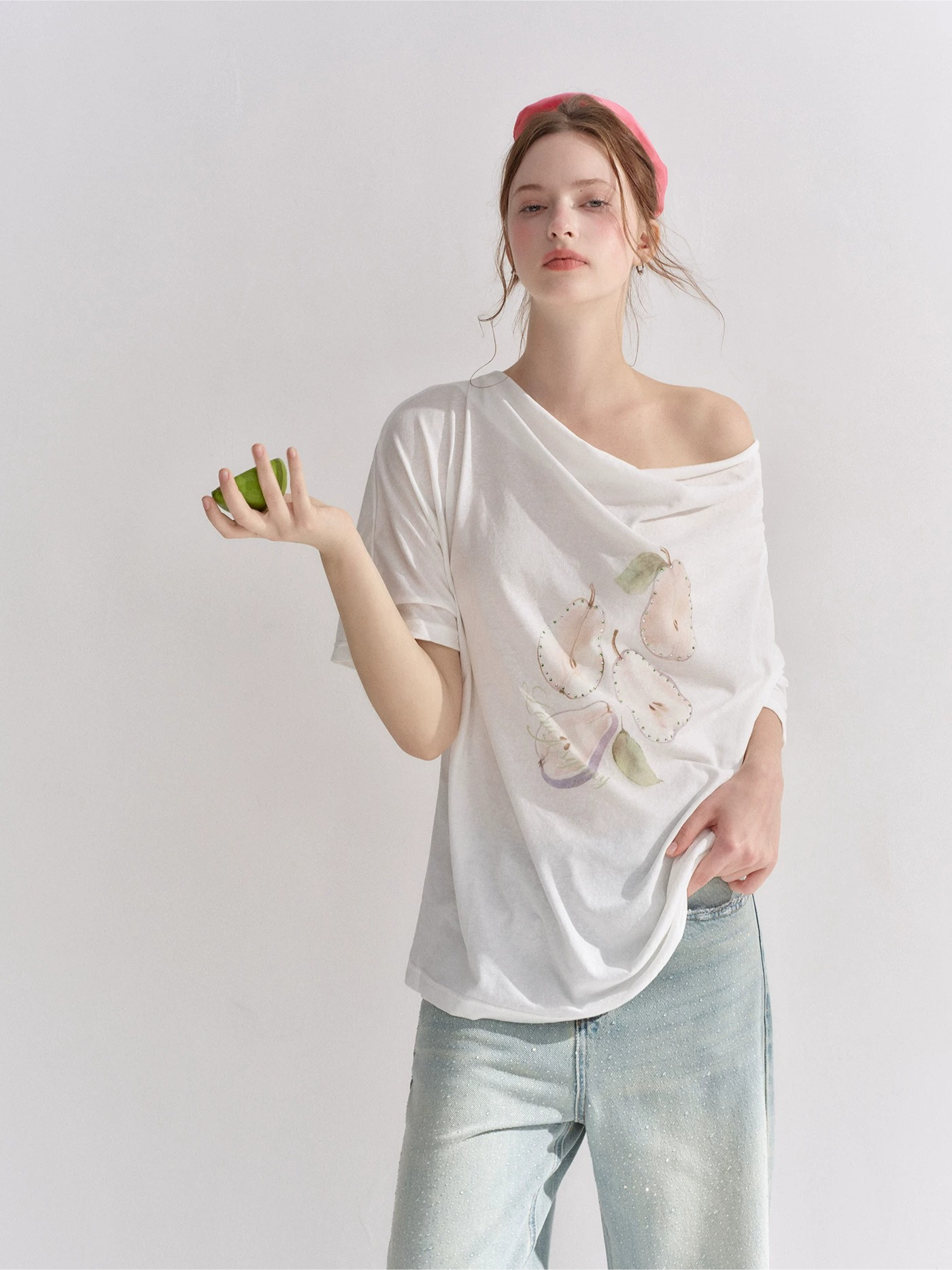Pear Embellished Draped Off-Shoulder Relaxed T-Shirt