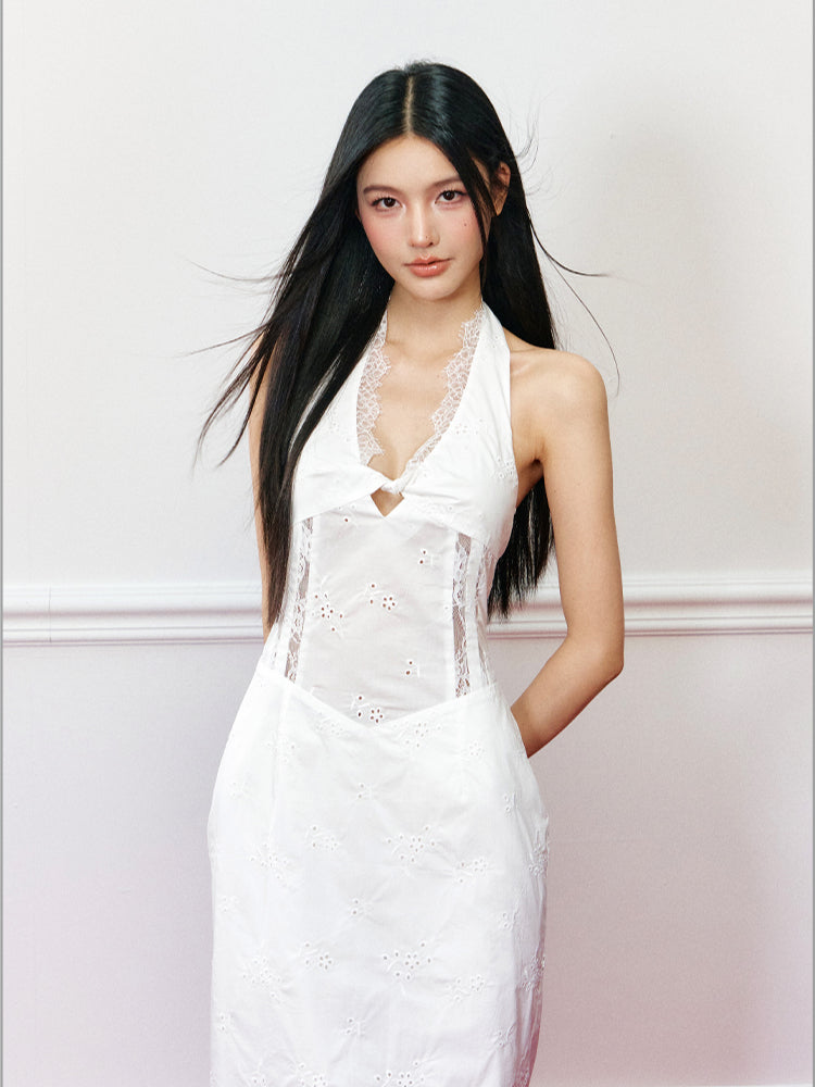 Lace Paneled Hollow Halter Mermaid Dress - CHINASQUAD
