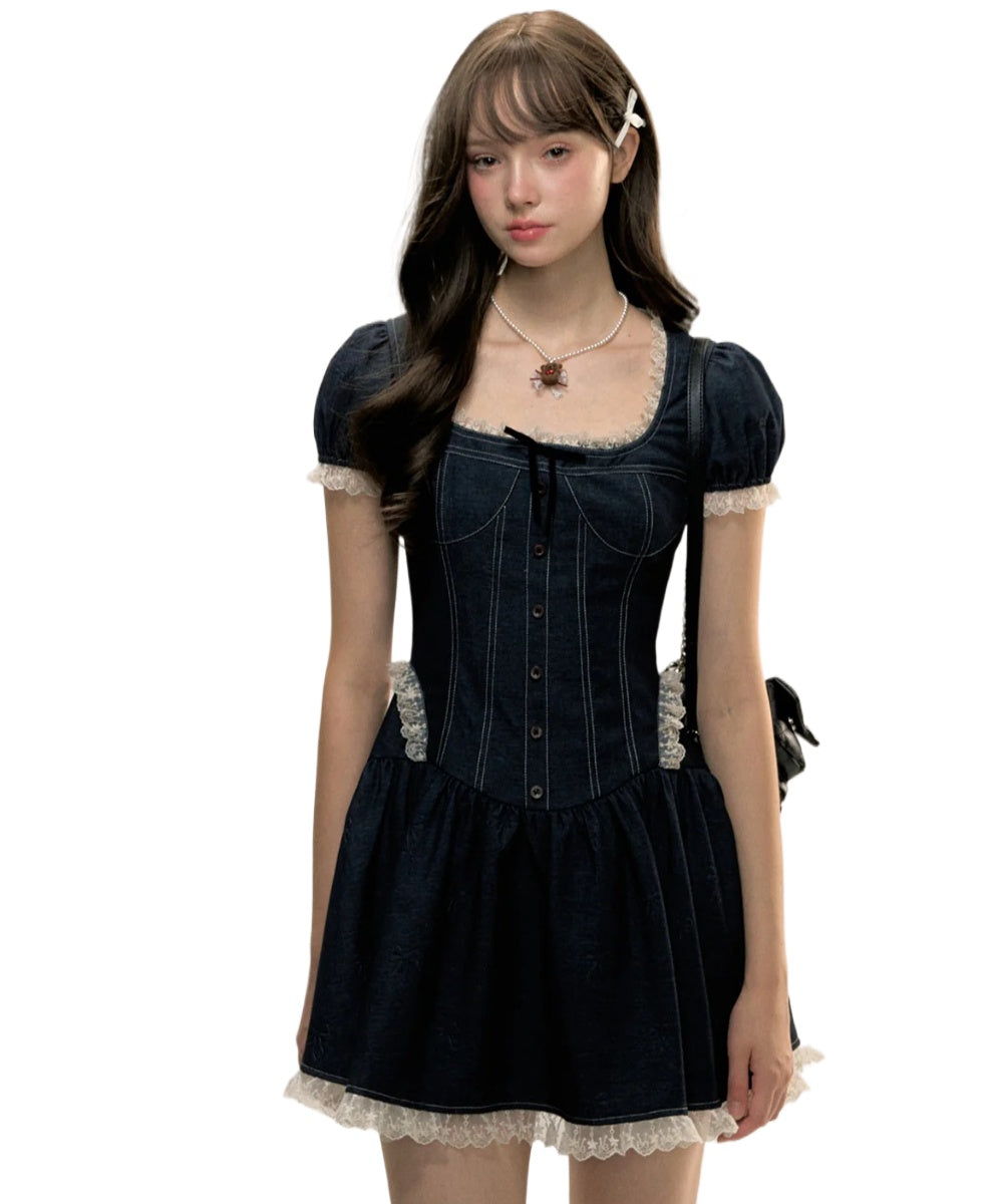 Square Neckline Short-sleeve Denim Dress - CHINASQUAD