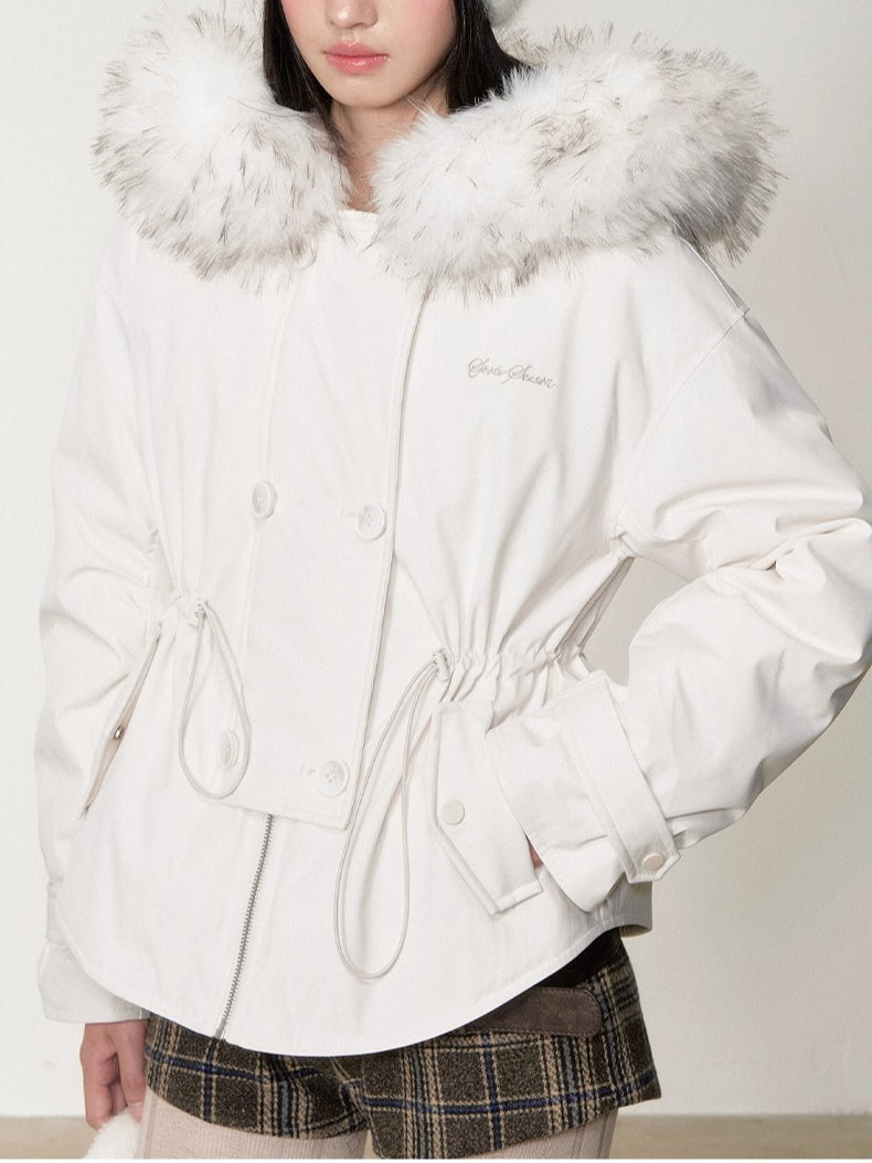 Faux Fur Collar Double-Breasted Down Parka Jacket - CHINASQUAD