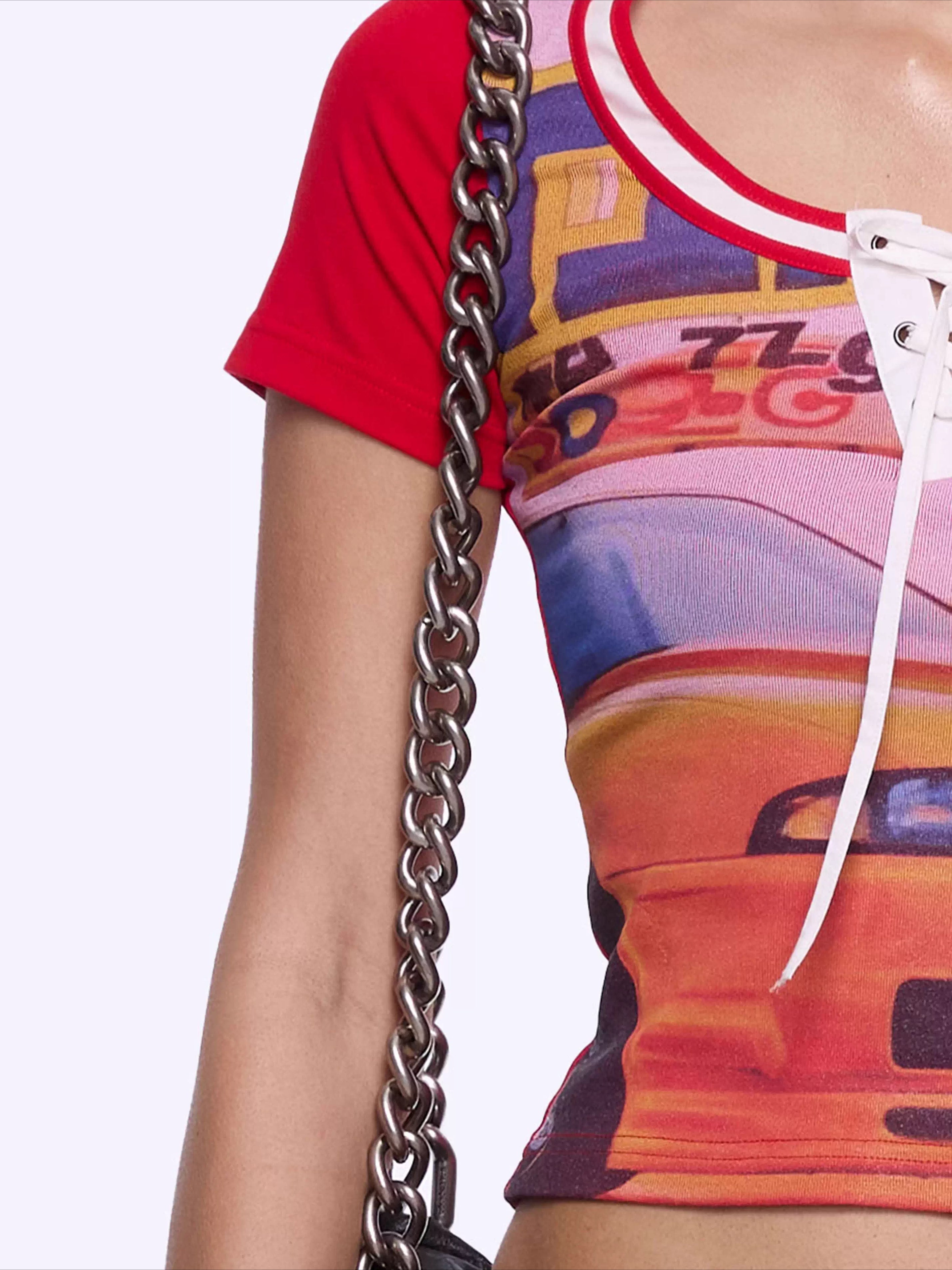 Retro Racing Print Layered-Look Patchwork T-Shirt