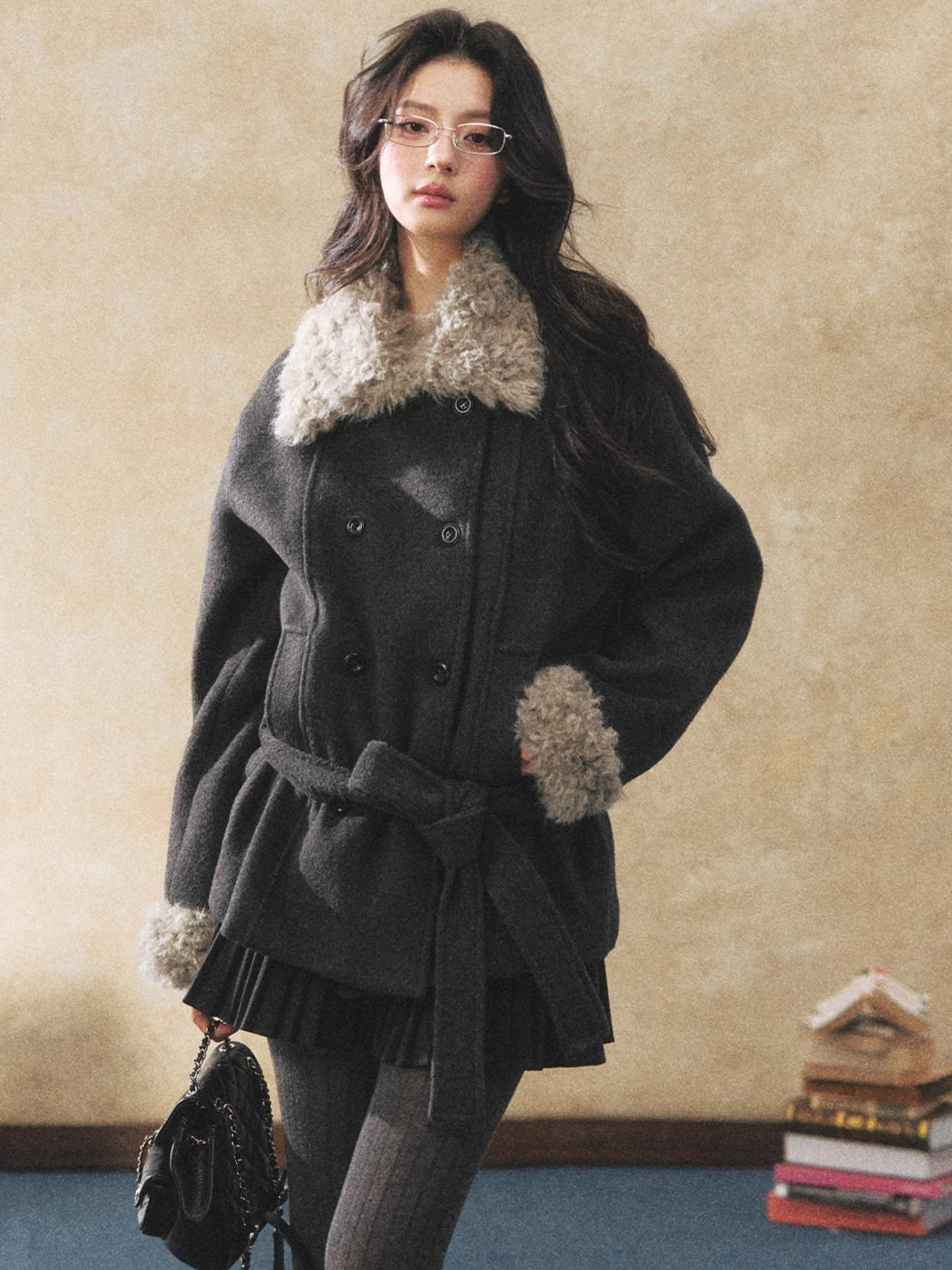 Fur Collar Tie-Waist Wool-Blend Jacket