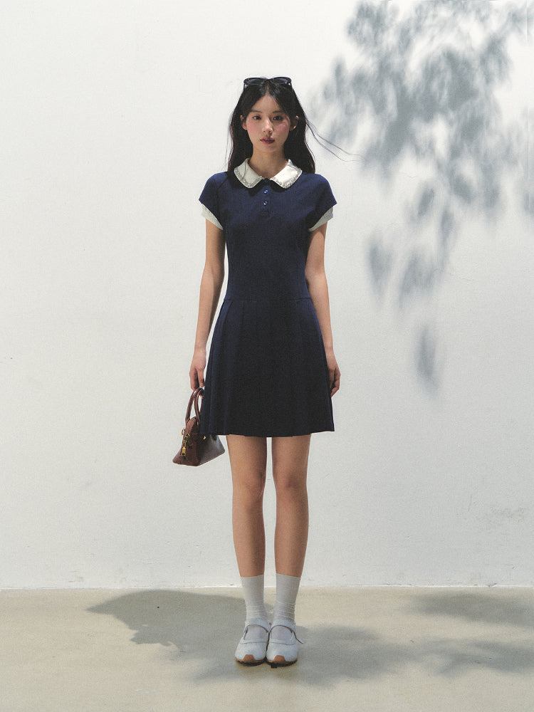 Polo Collar Rhinestone Pleated Dress - CHINASQUAD