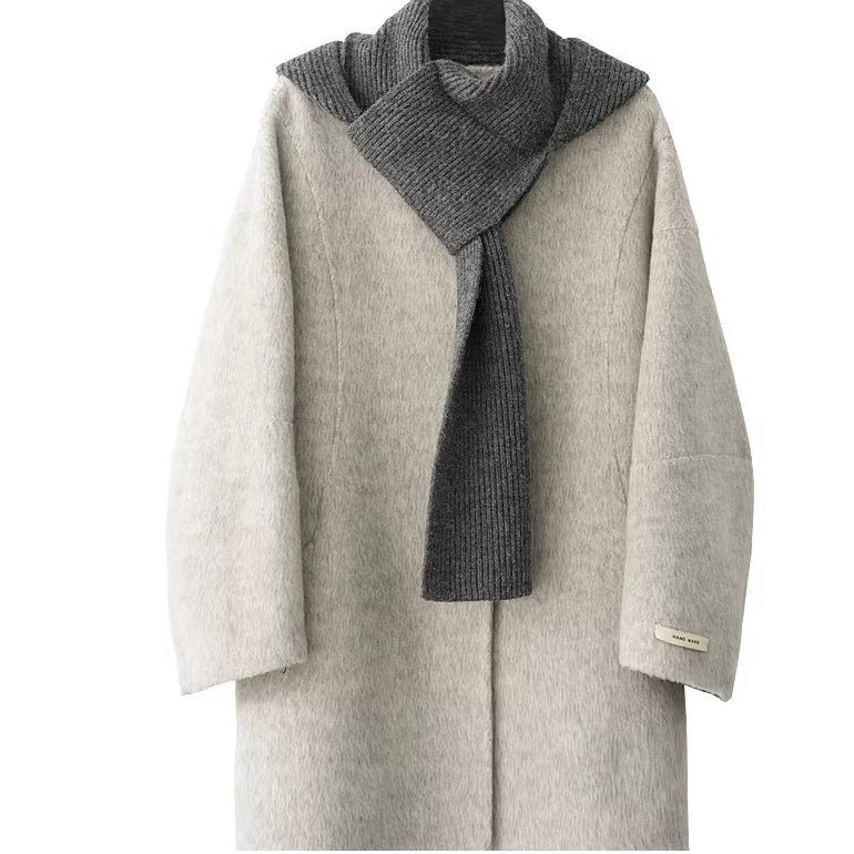 Knitted Hooded Scarf Mid-Length Wool Coat
