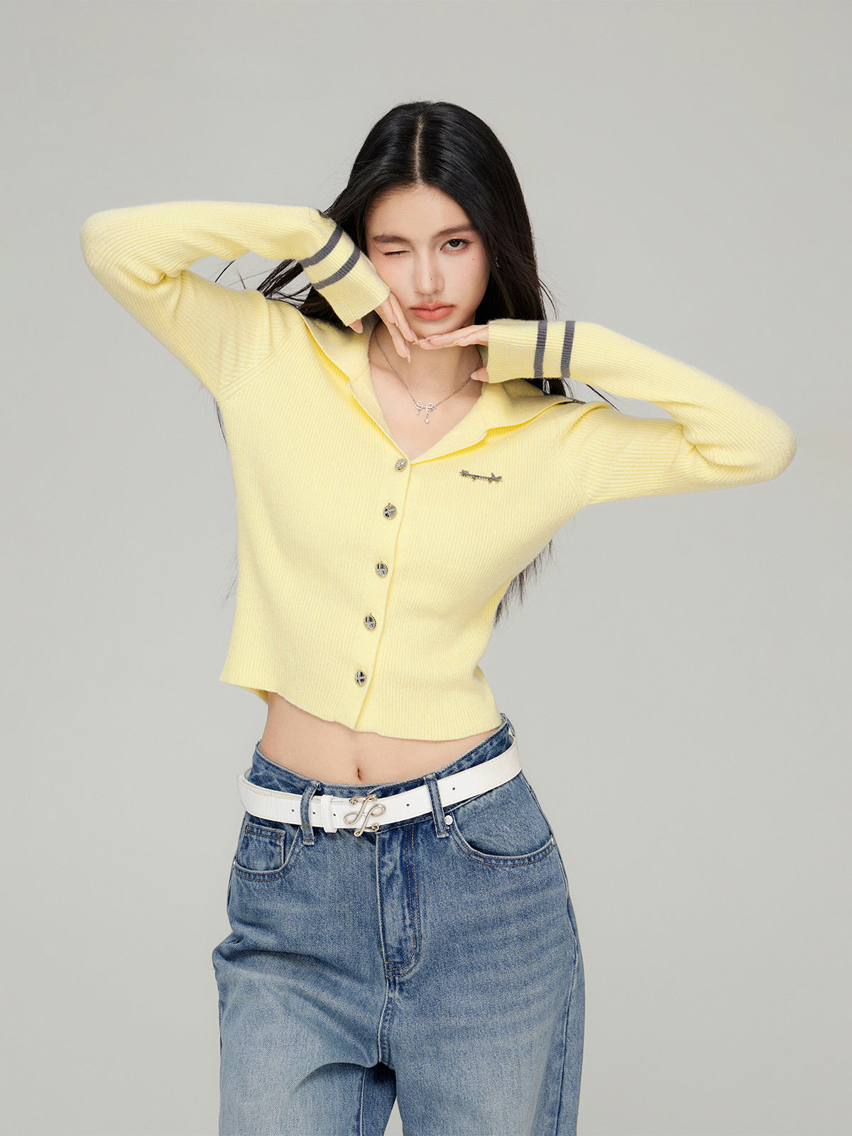 Navy Collar Ribbed Knit Cardigan  - CHINASQUAD