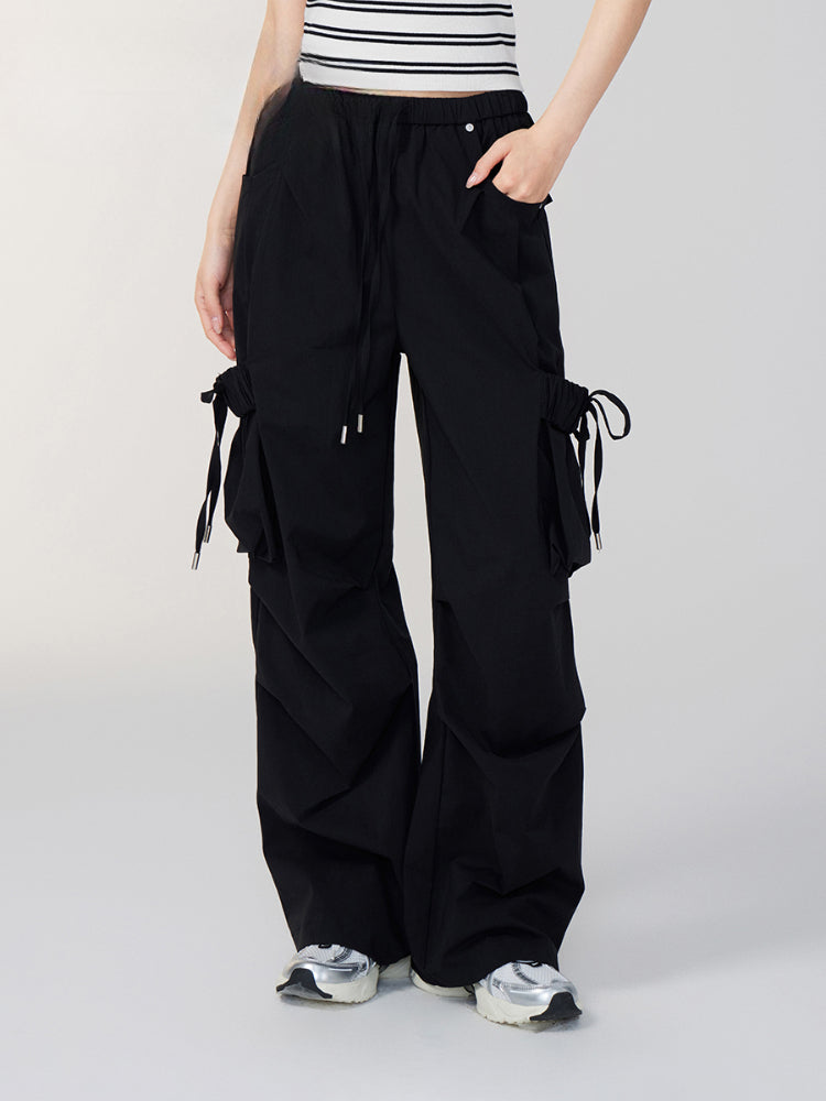 Bowknot Tie Waist Cargo Wide-Leg Pants - CHINASQUAD