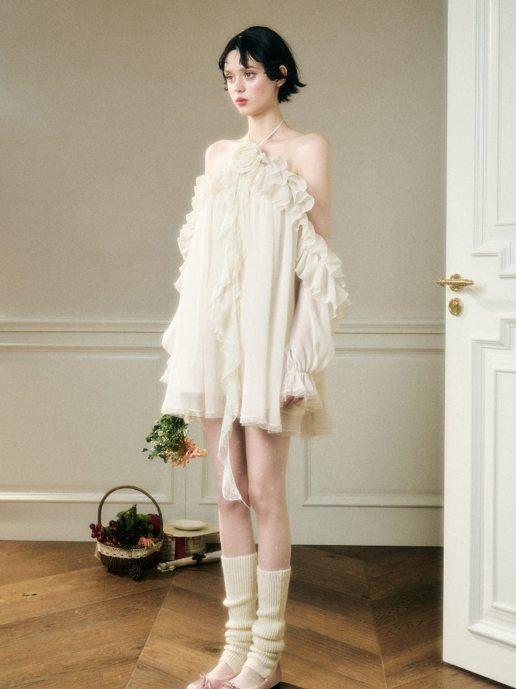 Halter Neck Off-Shoulder Ribbon Dress - CHINASQUAD