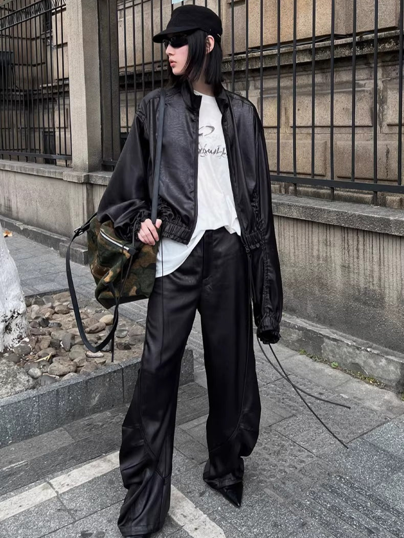 Leather-Texture Athletic Zip Jacket