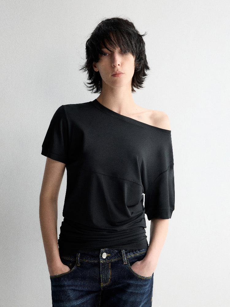 One-Shoulder Pleated Waist T-shirt - CHINASQUAD